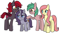 Size: 1300x727 | Tagged: safe, artist:catachromatic, derpibooru exclusive, imported from derpibooru, oc, oc:jubilant, oc:ruby seed, oc:smooth cream, unnamed oc, bat pony, earth pony, pony, unicorn, annoyed, bags under eyes, bat pony oc, bat wings, earth pony oc, fangs, freckles, full body, glasses, group, group shot, grumpy, horn, not fluttershy, short, signature, unicorn oc, wings