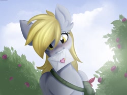 Size: 1024x768 | Tagged: safe, artist:cottomaime, imported from derpibooru, derpy hooves, pegasus, pony, envelope, flower, heart, letter, looking at you, mailbag, mouth hold, rose, rose bush, smiling, solo