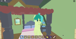 Size: 1366x705 | Tagged: safe, imported from ponybooru, earth pony, pony, bed, bedroom, game, game at source, items, looking at you, male, on bed, photo, roblox, roblox creator:roleplay is magic fanclub, roblox logo, screenshots, solo, sweet apple acres