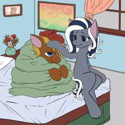 Size: 5000x5000 | Tagged: safe, artist:flutterbree, imported from derpibooru, oc, oc only, oc:6pony66, oc:flutterbree, earth pony, pegasus, pony, absurd resolution, bedside, blanket, caring for the sick, earth pony oc, female, ice pack, male, mare, pegasus oc, sick, stallion, thermometer, wings