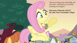 Size: 1000x558 | Tagged: safe, artist:ncolque, edit, edited screencap, imported from derpibooru, screencap, fluttershy, pegasus, pony, hurricane fluttershy, season 2, cute, female, goggles, mare, offscreen character, quote, shyabetes, solo focus, waving