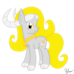 Size: 768x768 | Tagged: safe, artist:mudmee-thai, imported from derpibooru, oc, oc only, demon, demon pony, original species, female, horns, looking back, simple background, solo, white background