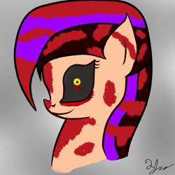 Size: 1000x1000 | Tagged: safe, alternate version, artist:mudmee-thai, imported from derpibooru, oc, oc only, earth pony, pony, black sclera, bust, earth pony oc, eyelashes, female, gray background, mare, signature, simple background, smiling, solo
