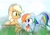 Size: 2048x1446 | Tagged: safe, artist:mochi_nation, imported from derpibooru, applejack, rainbow dash, earth pony, pegasus, pony, apple, bent over, bucket, cloud, complex background, digital art, eye clipping through hair, female, folded wings, foliage, food, freckles, grass, mare, mouth hold, open mouth, sitting, smiling, turned head, wings