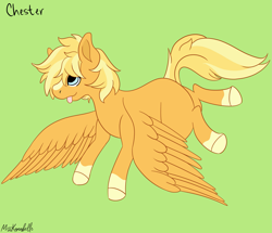 Size: 2641x2270 | Tagged: safe, artist:misskanabelle, imported from derpibooru, oc, oc only, oc:chester, pegasus, pony, :p, colored hooves, green background, high res, pegasus oc, signature, simple background, solo, tongue out, wings