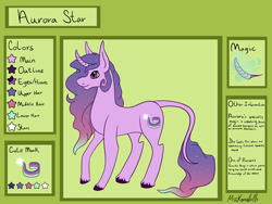 Size: 8335x6258 | Tagged: safe, artist:misskanabelle, imported from derpibooru, oc, oc only, oc:aurora star, pony, unicorn, colored, female, horn, leonine tail, mare, reference sheet, signature, smiling, solo, unicorn oc