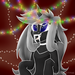 Size: 3000x3000 | Tagged: safe, artist:teelastrie, imported from derpibooru, oc, oc only, oc:teelas, changeling, changeling oc, fangs, female, high res, holiday, open mouth, open smile, simple background, smiling, solo, string lights