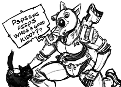 Size: 1420x1022 | Tagged: safe, artist:replica, imported from derpibooru, oc, oc only, anthro, cat, fallout equestria, clothes, dialogue, digital art, gun, helmet, monochrome, petting, rifle, simple background, solo, speech bubble, suit, talking, text, weapon, white background