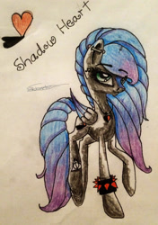 Size: 1811x2574 | Tagged: safe, artist:beamybutt, imported from derpibooru, oc, oc only, oc:shadow heart, pegasus, pony, ear piercing, eyelashes, female, mare, pegasus oc, piercing, raised hoof, solo, spiked wristband, traditional art, wings, wristband