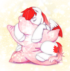 Size: 1920x1971 | Tagged: safe, artist:raranfa, imported from derpibooru, oc, oc only, oc:making amends, pegasus, pony, colored wings, commission, eyes closed, hug, pillow, pillow hug, solo, two toned wings, wings, ych result