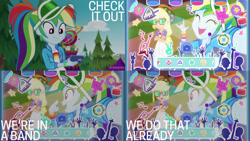 Size: 1280x720 | Tagged: safe, edit, edited screencap, editor:quoterific, imported from derpibooru, screencap, applejack, rainbow dash, equestria girls, equestria girls series, festival filters, spoiler:eqg series (season 2), ^^, cellphone, crossed arms, cute, dashabetes, devil horn (gesture), duo, duo female, eyes closed, female, filters, geode of super strength, magical geodes, music festival outfit, open mouth, phone, smartphone, smiling