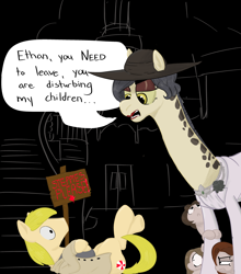 Size: 2982x3389 | Tagged: safe, artist:spagootispootis, imported from derpibooru, earth pony, giraffe, pony, female, filly, high res, hug, lady dimitrescu, leg hug, male, resident evil, resident evil 8, sign, stallion, video game, village