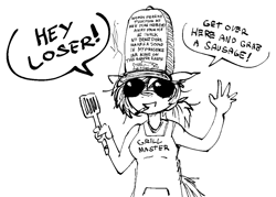 Size: 1069x764 | Tagged: safe, artist:replica, imported from derpibooru, oc, oc only, oc:replica, anthro, earth pony, apron, clothes, dialogue, digital art, female, hat, monochrome, simple background, solo, solo female, spatula, speech bubble, sunglasses, talking, text, white background