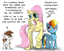 Size: 2500x1996 | Tagged: safe, artist:chopsticks, imported from derpibooru, fluttershy, pipsqueak, rainbow dash, earth pony, pony, adorable distress, cheek fluff, chest fluff, colt, crying, cute, dialogue, diverse body types, ear fluff, eep, female, makes no sense, male, mare, overreacting, question mark, rainbow dash is not amused, raised hoof, shyabetes, smoldash, tallershy, text, unamused, unshorn fetlocks