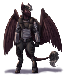 Size: 1057x1200 | Tagged: artist needed, safe, imported from derpibooru, oc, oc only, oc:stygian crosswind, anthro, pegasus, unguligrade anthro, fallout equestria, armor, clenched fist, enclave, grand pegasus enclave, leonine tail, sideburns, solo, wings
