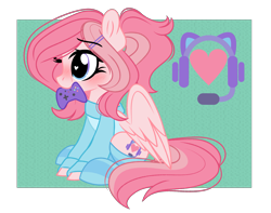 Size: 3291x2594 | Tagged: safe, artist:emberslament, imported from derpibooru, oc, oc only, oc:savybit, pegasus, pony, blushing, clothes, controller, custom, cutie mark, gamer, headphones, high res, irl, mouth hold, photo, ref, socks, solo, sweater, toy, wings
