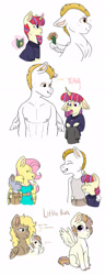 Size: 1280x3332 | Tagged: safe, artist:moccabliss, imported from derpibooru, bulk biceps, derpy hooves, fluttershy, moondancer, oc, oc:little bulk, oc:sona shy, anthro, earth pony, pony, unicorn, abs, bare chest, bouquet, clothes, colt, crack shipping, curved horn, derpyshy, female, flower, half-siblings, heart eyes, height difference, horn, lesbian, magical lesbian spawn, male, male nipples, mare, moonbiceps, muscles, muscular male, nipples, nudity, offspring, parent:bulk biceps, parent:derpy hooves, parent:fluttershy, parent:moondancer, parents:derpyshy, parents:flutterbulk, parents:moonbiceps, partial nudity, pecs, shipping, siblings, simple background, sisters, sperm donation, stallion, straight, topless, white background, wingding eyes
