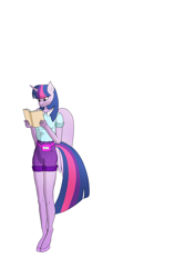 Size: 2400x3600 | Tagged: safe, artist:lullabyjak, imported from derpibooru, twilight, twilight sparkle, alicorn, anthro, unguligrade anthro, book, clothes, fanny pack, high res, reading, shorts, simple background, twilight sparkle (alicorn), white background