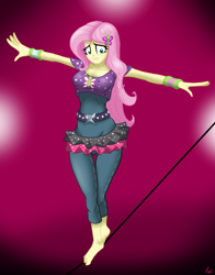 Size: 2849x3630 | Tagged: safe, artist:lennondash, imported from derpibooru, fluttershy, dance magic, equestria girls, spoiler:eqg specials, barefoot, breasts, feet, high res, lip bite, nervous, outstretched arms, solo, tightrope