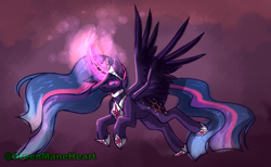 Size: 4500x2776 | Tagged: safe, artist:greenmaneheart, imported from derpibooru, twilight sparkle, alicorn, pony, crown, curved horn, cutie mark, ethereal mane, glowing eyes, glowing horn, hoof shoes, horn, jewelry, magic, nightmare twilight, nightmarified, regalia, solo, spread wings, starry mane, twilight sparkle (alicorn), wings