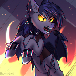 Size: 1500x1500 | Tagged: safe, artist:freak-side, imported from derpibooru, oc, oc only, bat pony, pony, clothes, ear piercing, microphone, piercing, rock, solo, tattoo, vest, wristband