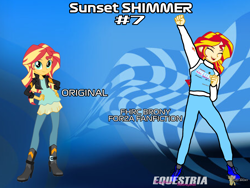 Size: 2160x1620 | Tagged: safe, artist:forzaveteranenigma, imported from derpibooru, sunset shimmer, human, fanfic:equestria motorsports, equestria girls, comparison, ear piercing, earring, happy, human coloration, humanized, in the air, jewelry, jumping, lamborghini, piercing, racing suit, watermark