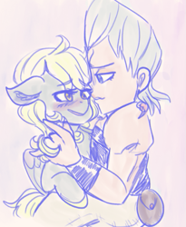 Size: 649x791 | Tagged: safe, artist:mimiporcellini, imported from derpibooru, derpy hooves, human, pegasus, pony, blushing, colored sketch, crossover, crossover shipping, female, interspecies, jean pierre polnareff, jojo's bizarre adventure, male, mare, polnaderp, shipping, story included, straight