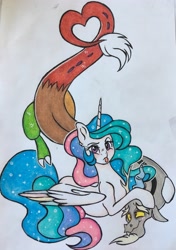 Size: 2787x3956 | Tagged: safe, artist:sunbutt-worshipper, imported from derpibooru, discord, princess celestia, alicorn, draconequus, pony, dislestia, duo, female, heart shaped, high res, male, shipping, straight, tongue out, traditional art