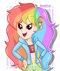 Size: 1448x1708 | Tagged: safe, artist:skyfallfrost, imported from derpibooru, oc, oc only, oc:rainbow icee, equestria girls, belly button, clothes, hoodie, midriff, pants, solo