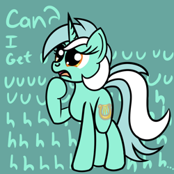 Size: 1200x1200 | Tagged: safe, artist:dafiltafish, imported from derpibooru, lyra heartstrings, pony, unicorn, female, green background, hoof on chin, mare, simple background, solo, text, uhh