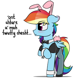 Size: 4600x4800 | Tagged: safe, artist:dacaoo, imported from derpibooru, rainbow dash, pegasus, pony, blushing, bowtie, bunny ears, bunny suit, bunny tail, chest fluff, clothes, cuffs (clothes), cute, ear blush, eyebrows, eyebrows visible through hair, floppy ears, folded wings, leotard, lisp, looking away, nose wrinkle, pantyhose, raised hoof, simple background, transparent background, wavy mouth, wings