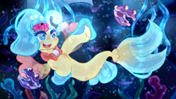 Size: 1280x720 | Tagged: safe, artist:cometsparke, imported from derpibooru, princess skystar, shelldon, shelly, seapony (g4), my little pony: the movie, bioluminescent, blue eyes, blushing, dorsal fin, female, fins, fish tail, flower, flower in hair, freckles, jewelry, necklace, open mouth, pearl necklace, seaquestria, seashell, seaweed, smiling, solo, swimming, tail, underwater, water