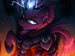 Size: 2224x1668 | Tagged: safe, artist:mychelle, imported from derpibooru, tempest shadow, pony, unicorn, armor, broken horn, chest fluff, ear fluff, fire, horn, magic, solo, storm king's emblem