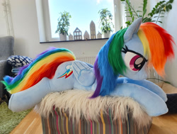 Size: 2636x1988 | Tagged: safe, artist:epicrainbowcrafts, imported from derpibooru, rainbow dash, pegasus, pony, irl, life size, lying down, photo, plushie, prone, solo