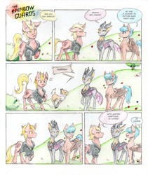 Size: 800x948 | Tagged: safe, artist:cindertale, imported from derpibooru, oc, oc only, oc:cinder, changedling, changeling, deer, pegasus, unicorn, changedling oc, changeling oc, chest fluff, clothes, comic, deer oc, dialogue, horn, jacket, looking back, male, outdoors, pegasus oc, pronking, raised hoof, stallion, traditional art, unicorn oc, wings