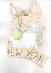 Size: 800x1139 | Tagged: safe, artist:cindertale, imported from derpibooru, oc, oc only, oc:cinder, deer, bauble, bow, bust, chest fluff, cute, deer oc, ear fluff, happy new year, holiday, male, mouth hold, solo, traditional art