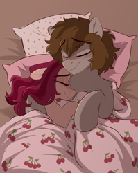 Size: 1386x1737 | Tagged: safe, artist:crimmharmony, imported from derpibooru, oc, oc only, oc:crimm harmony, oc:stitched laces, earth pony, pony, bed, blanket, blushing, cherry, couple, crimmaces, cuddling, duo, female, food, male, mare, sleeping, snuggling, stallion, stimony, straight