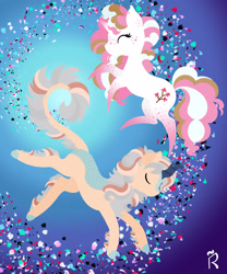 Size: 1920x2304 | Tagged: safe, artist:dawn-designs-art, imported from derpibooru, oc, oc:pink pepper, oc:quicksilver pique, kirin, pony, unicorn, abstract, abstract art, abstract background, commission, commissions open, female, floating, male, mare, modern art, stallion