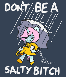 Size: 2600x3030 | Tagged: safe, artist:threetwotwo32232, imported from derpibooru, oc, oc only, oc:scoops, pony, unicorn, boots, clothes, dress, eyes closed, food, high res, meme, ponified meme, rain, salt, shoes, skirt, smiling, solo, umbrella, vulgar