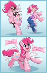 Size: 3300x5050 | Tagged: safe, artist:helixjack, imported from derpibooru, pinkie pie, earth pony, human, pony, bondage, doll, dollified, encasement, gradient background, inanimate tf, latex, living latex, merging, ponysuit, rubber, toy, transformation, transformation sequence