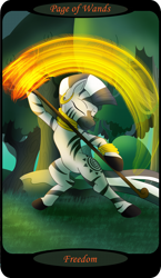 Size: 1500x2591 | Tagged: safe, artist:sixes&sevens, imported from derpibooru, zecora, pony, zebra, bipedal, bracelet, ear piercing, earring, everfree forest, eyes closed, female, fire, forest, jewelry, mare, minor arcana, neck rings, page of wands, piercing, rock, solo, staff, tarot card, tree