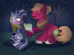 Size: 1800x1331 | Tagged: safe, artist:gallantserver, imported from derpibooru, big macintosh, zecora, earth pony, pony, zebra, alternate hairstyle, base used, blushing, bouquet, bouquet of flowers, bracelet, ear piercing, earring, eyes closed, female, flower, forest, freckles, interspecies, jewelry, macora, male, man bun, mare, neck rings, night, open mouth, piercing, shipping, sitting, stallion, story included, straight