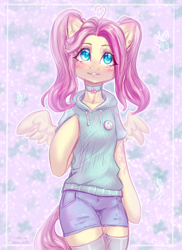 Size: 1816x2500 | Tagged: safe, artist:zefirka, imported from derpibooru, fluttershy, pegasus, pony, semi-anthro, alternate hairstyle, badge, blushing, clothes, cute, looking at you, pigtails, shyabetes, solo