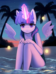 Size: 1400x1842 | Tagged: safe, artist:mrscroup, imported from derpibooru, twilight sparkle, alicorn, anthro, clothes, evening, feet in water, female, floating wings, glowing horn, horn, looking at you, ocean, one-piece swimsuit, outdoors, palm tree, sitting, solo, sukumizu, sunset, swimsuit, tree, twilight sparkle (alicorn), water, wings