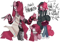 Size: 1324x917 | Tagged: safe, artist:brlckson, imported from derpibooru, pinkie pie, anthro, earth pony, pony, apron, arm warmers, belt, clothes, cupcake, ear piercing, earring, fishnets, food, hoodie, jewelry, knife, piercing, pinkamena diane pie, sharp teeth, simple background, skirt, teeth, text, this will end in cupcakes