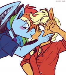 Size: 1451x1640 | Tagged: safe, artist:lrusu, imported from derpibooru, applejack, rainbow dash, anthro, earth pony, pegasus, pony, appledash, blushing, clothes, dirty, duo, eyes closed, female, kiss on the lips, kissing, lesbian, mare, midair, scuff mark, shipping, shirt, sweat, sweatdrop, wings