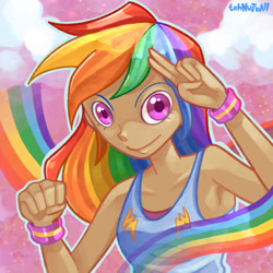 Size: 1280x1280 | Tagged: safe, artist:tehnutball, imported from derpibooru, rainbow dash, human, armpits, clothes, female, fist, humanized, moderate dark skin, rainbow, salute, solo, tanktop, wristband