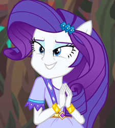 Size: 555x618 | Tagged: safe, imported from derpibooru, screencap, rarity, equestria girls, legend of everfree, cropped, grin, lidded eyes, ponied up, smiling, solo
