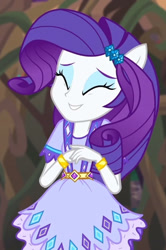 Size: 410x618 | Tagged: safe, imported from derpibooru, screencap, rarity, equestria girls, legend of everfree, cropped, eyes closed, grin, ponied up, smiling, solo