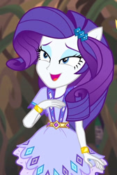 Size: 408x606 | Tagged: safe, imported from derpibooru, screencap, rarity, equestria girls, legend of everfree, cropped, lidded eyes, open mouth, open smile, ponied up, smiling, solo